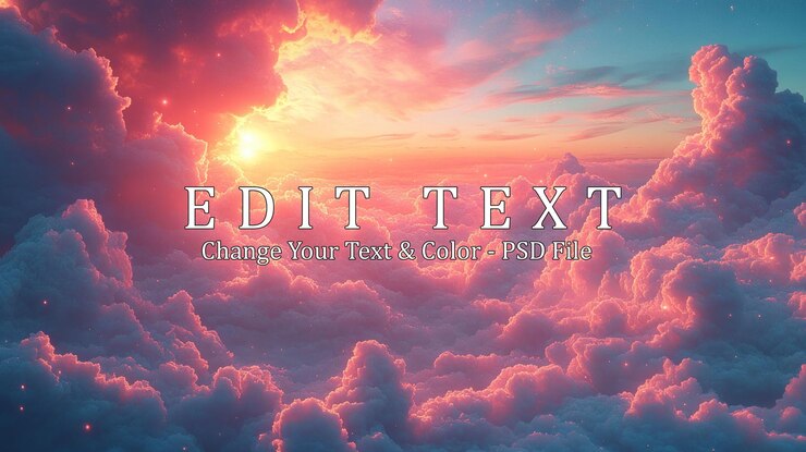 PSD vibrant pink and orange sunset sky above fluffy white clouds