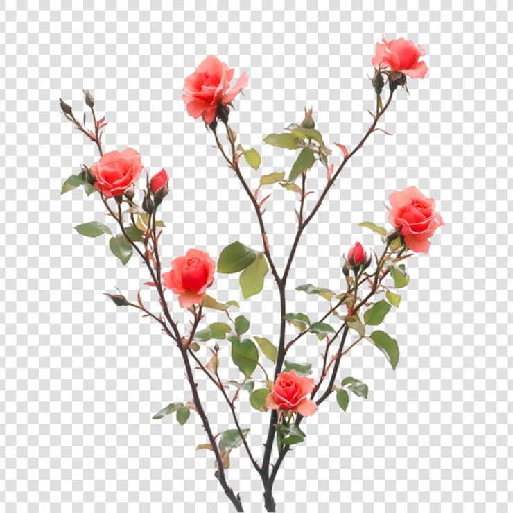 PSD 鮮やかなピンクのバラの枝と 透明な背景の花と芽