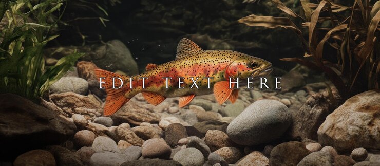PSD vibrant rainbow trout swimming in a rocky riverbed