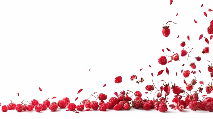 PSD vibrant raspberries falling against a white background