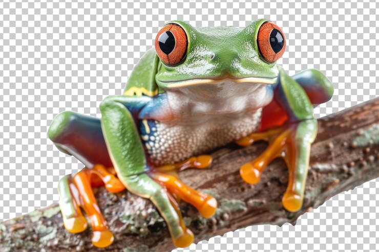 PSD vibrant redeyed tree frog on a branch isolated on transparent background