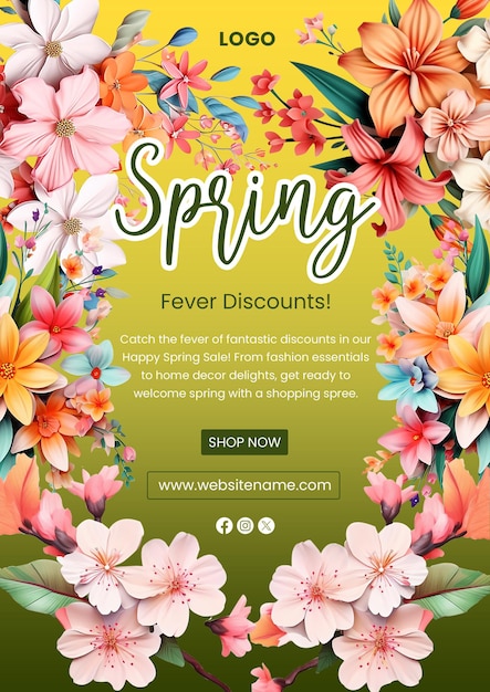 PSD vibrant spring floral vertical poster szablon