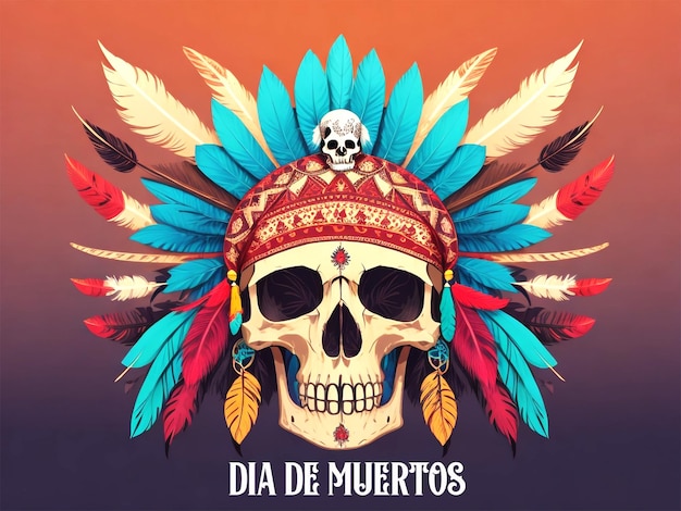 망자의 날이라는 멕시코 전통을 기념하는 깃털로 장식된 생동감 넘치는 설탕 두개골