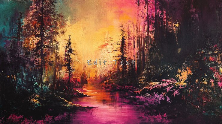 PSD vibrant sunset over a mystical forest river