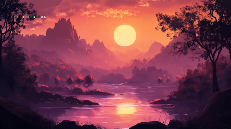 PSD vibrant sunset over a serene mountain lake and valley