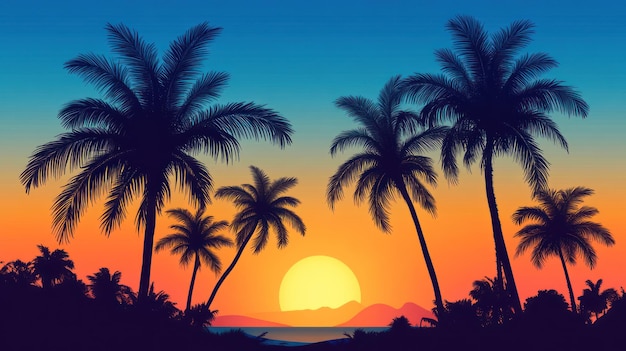 Vibrant sunset silhouette of palm trees on a tropical beach