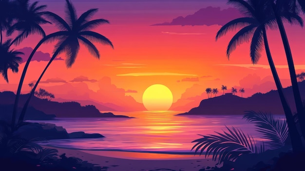 Vibrant sunset over a tropical beach with silhouetted palm trees and a glowing sun