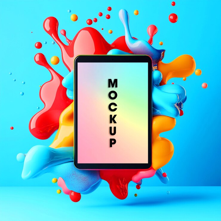PSD vibrant tablet mockup colorful paint splash background
