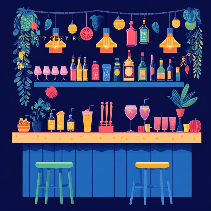 PSD vibrant tropical bar with colorful drinks plants and hanging lights