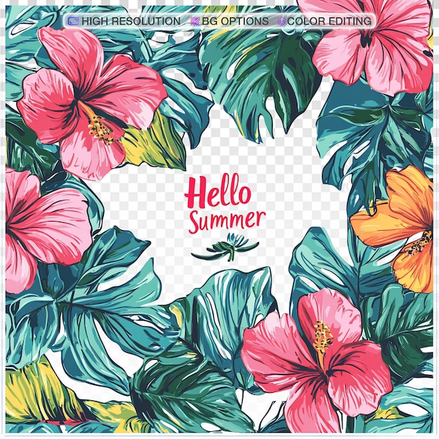 Vibrant Tropical Flower and Leaf Pattern with Hello Summer Message