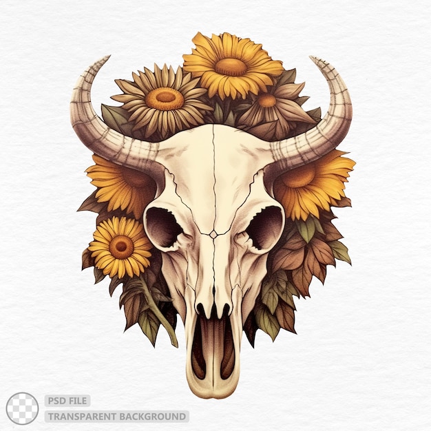 PSD vibrant watercolor bull skull with sunflowers