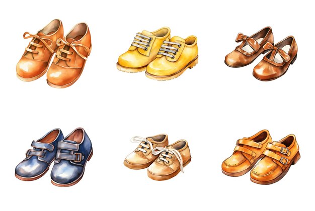PSD 活発な水彩コレクションの子供用靴