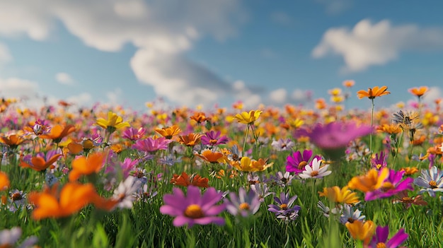 vibrant wildflowers in a sunny field under a partly cloudy sky