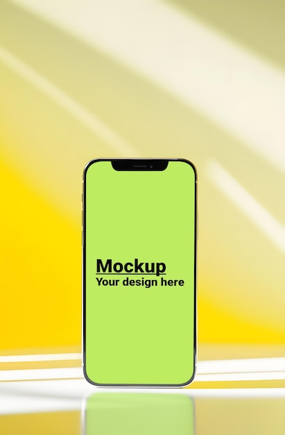 鮮やかな黄色い背景のスマートフォンのモックアップ