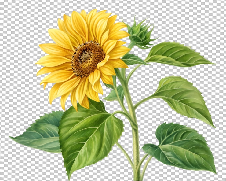 PSD a vibrant yellow sunflower with large detailed petals radiating from a dark brown center
