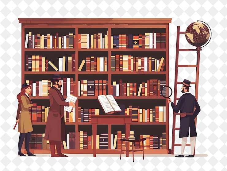 PSD victorian library with detective characters having a mystery people life style flat illustration