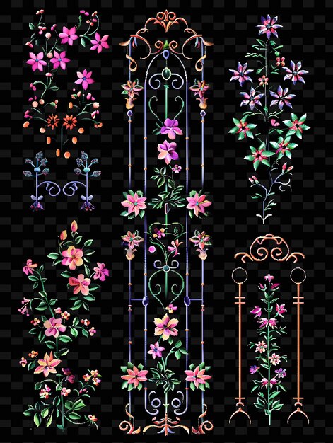 Stile vittoriano trellises pixel art con motivi floreali utilizzando la consistenza creativa y2k neon item designs