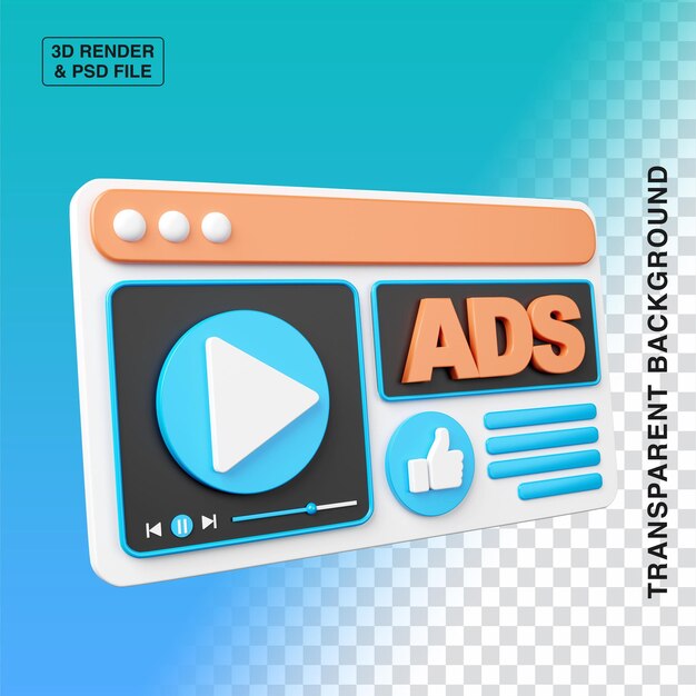 PSD video ads streaming 3d illustration