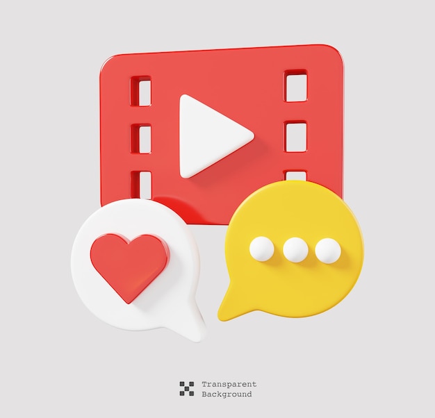 Video engagement, commentaar en like geïsoleerd. video, streaming en multimedia icoon. minimale stijl. 3d