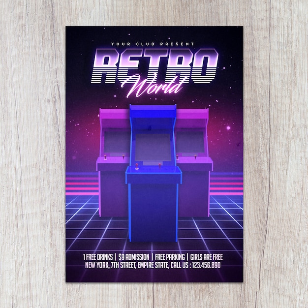 PSD video games flyer 80s retro arcade gaming flyer template