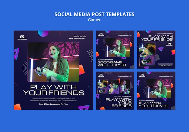 PSD video gaming instagram posts collection with gradient geometric forms