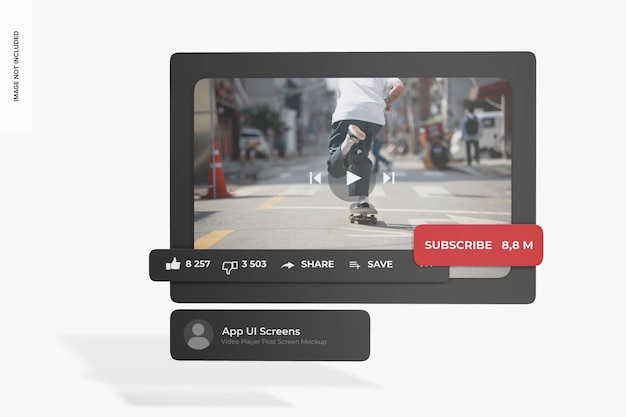 PSD video player post screen mockup, vista frontale