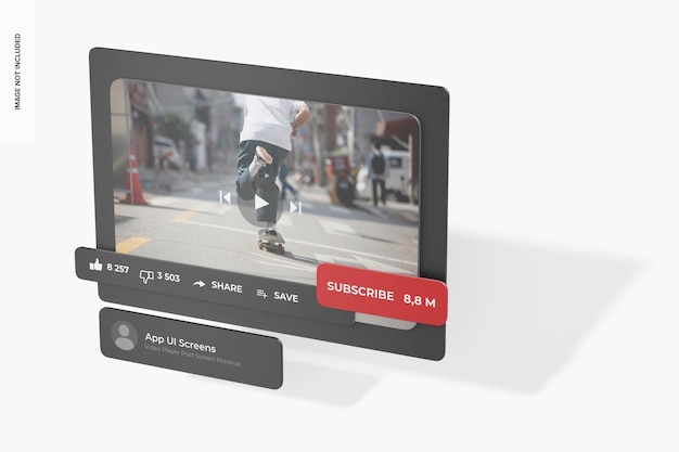 PSD video player post screen mockup, perspective