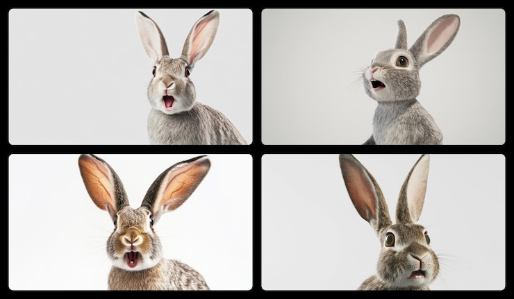 PSD vier foto's van een konijn met een van de oren open