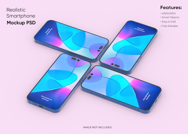 Vier smartphones 14 pro max mockup voor app en website UI branding 2 telefoons aan de voor- en achterkant 3D renderen