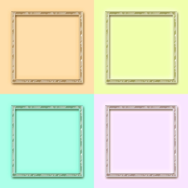 Vier vierkante frames met een pastelkleurige achtergrond