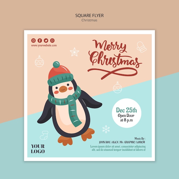 PSD vierkant flyer-sjabloon voor kerstmis met pinguïn