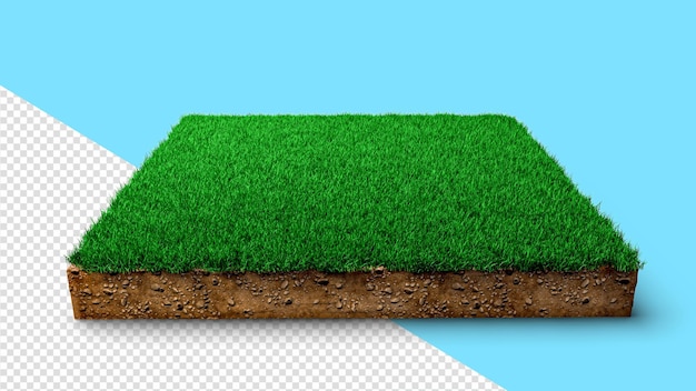 PSD vierkante bodem land geologie dwarsdoorsnede met groene gras aarde modder weggesneden geïsoleerde 3d illustration
