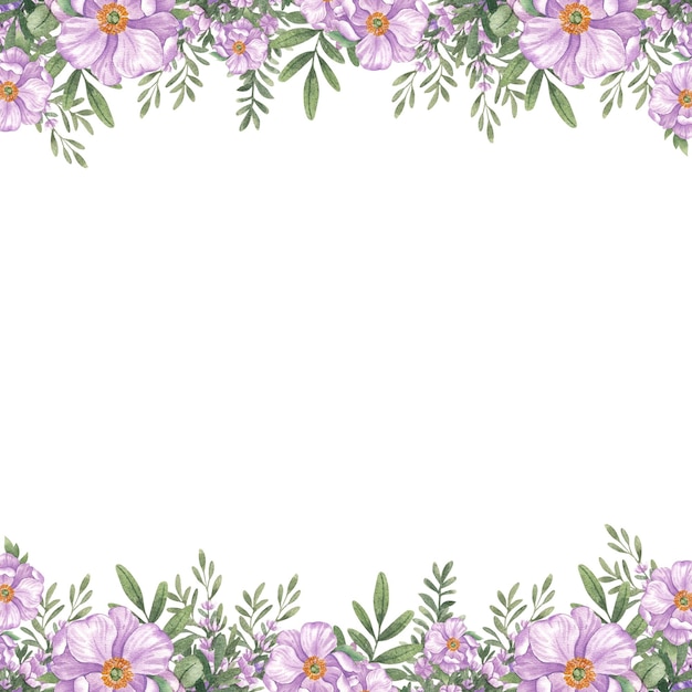 Vierkante frame van paarse bloemen met de hand getekende illustratie aquarel