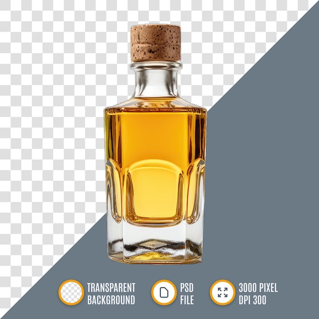 vierkantsvormige fles met een bruine kurkstop gevuld met een amberkleurige vloeistof