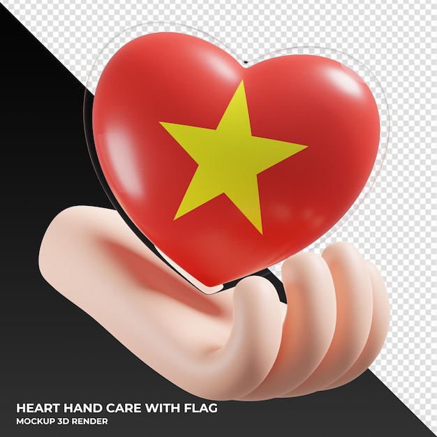 PSD vietnam flag with heart hand care realistic 3d textured