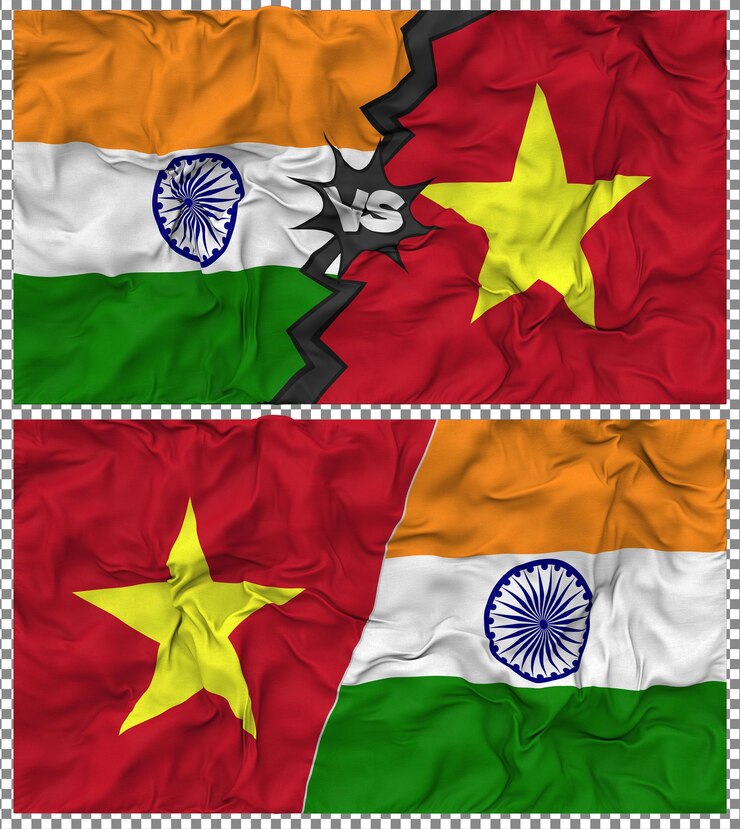 PSD vietnam vs india half combined flag cloth bump texture 3d rendering