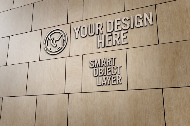 View of a 3d sign on wooden wall mockup