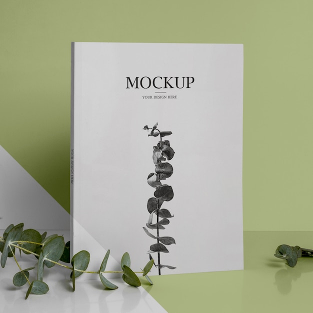 above view assortment with magazine and leaves