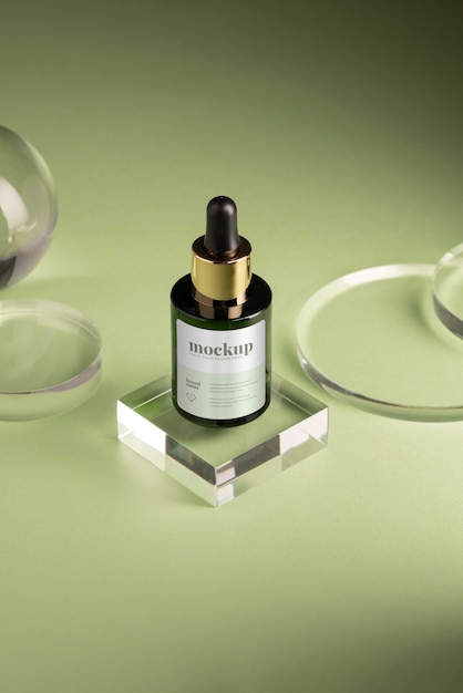 View of beauty serum bottle with dropper