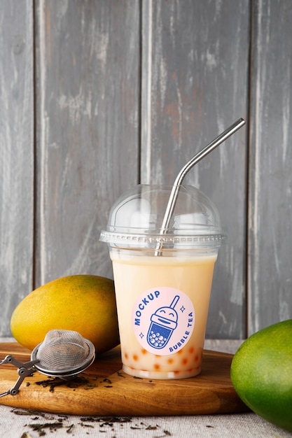 View of bubble tea in plastic cup with straw