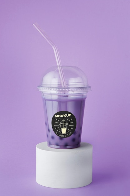 PSD view of bubble tea in plastic cup with straw