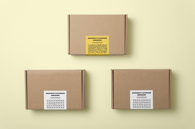 PSD view of cardboard box with security sticker