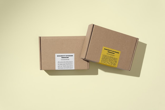 PSD view of cardboard box with security sticker