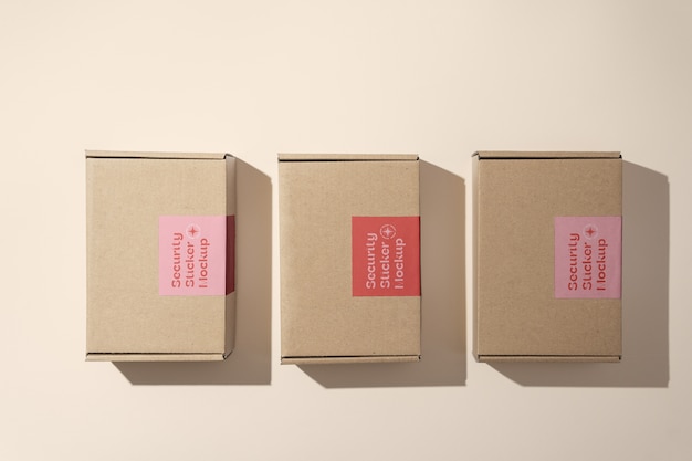 view of cardboard box with security sticker