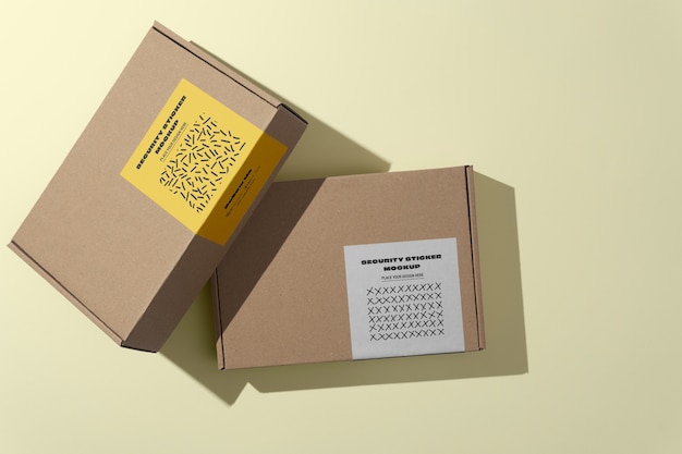 PSD view of cardboard box with security sticker