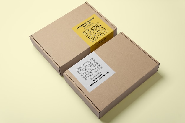 view of cardboard box with security sticker
