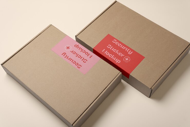 PSD view of cardboard box with security sticker