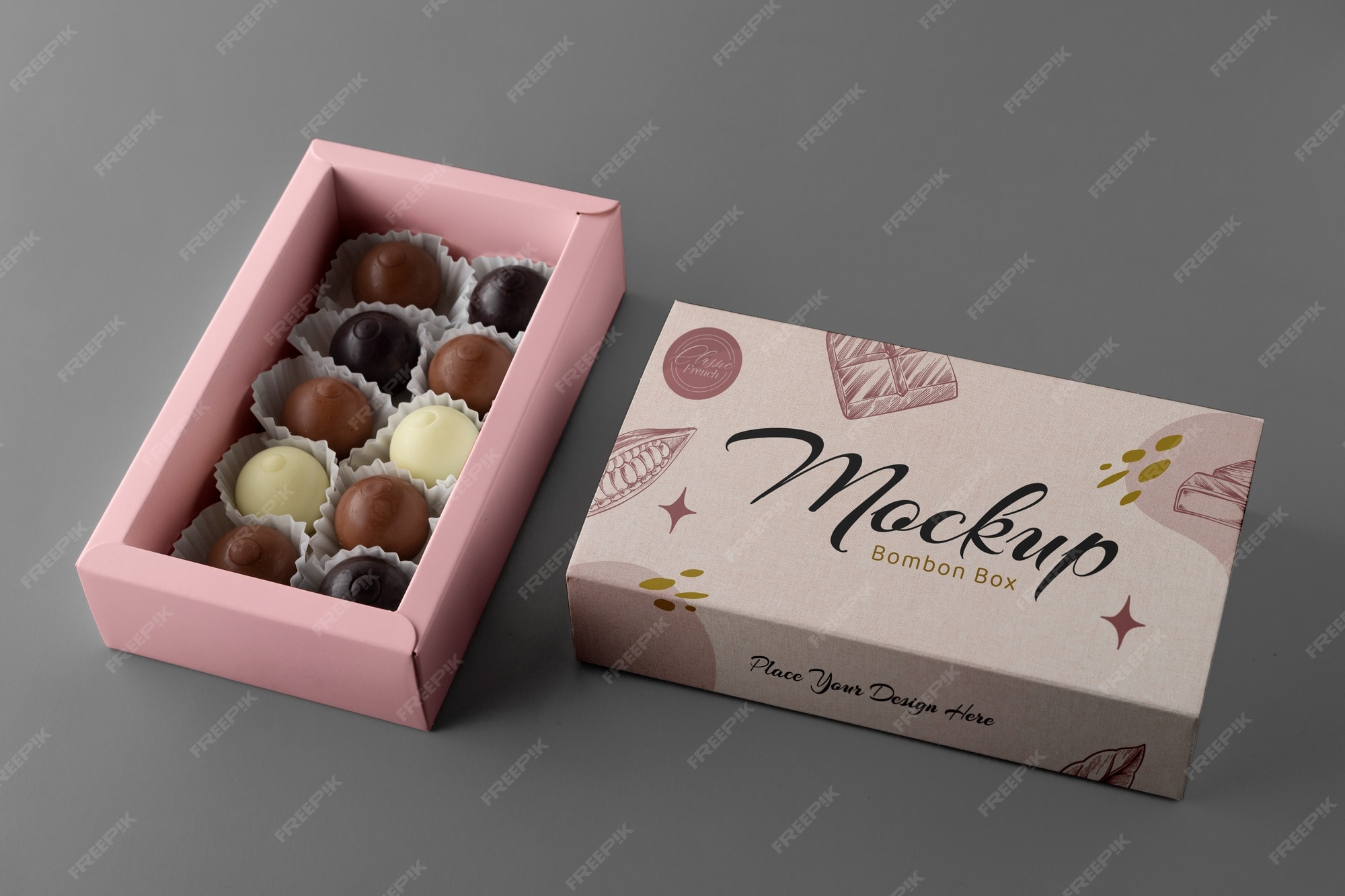 Premium PSD | View of cardboard candy box with grey background
