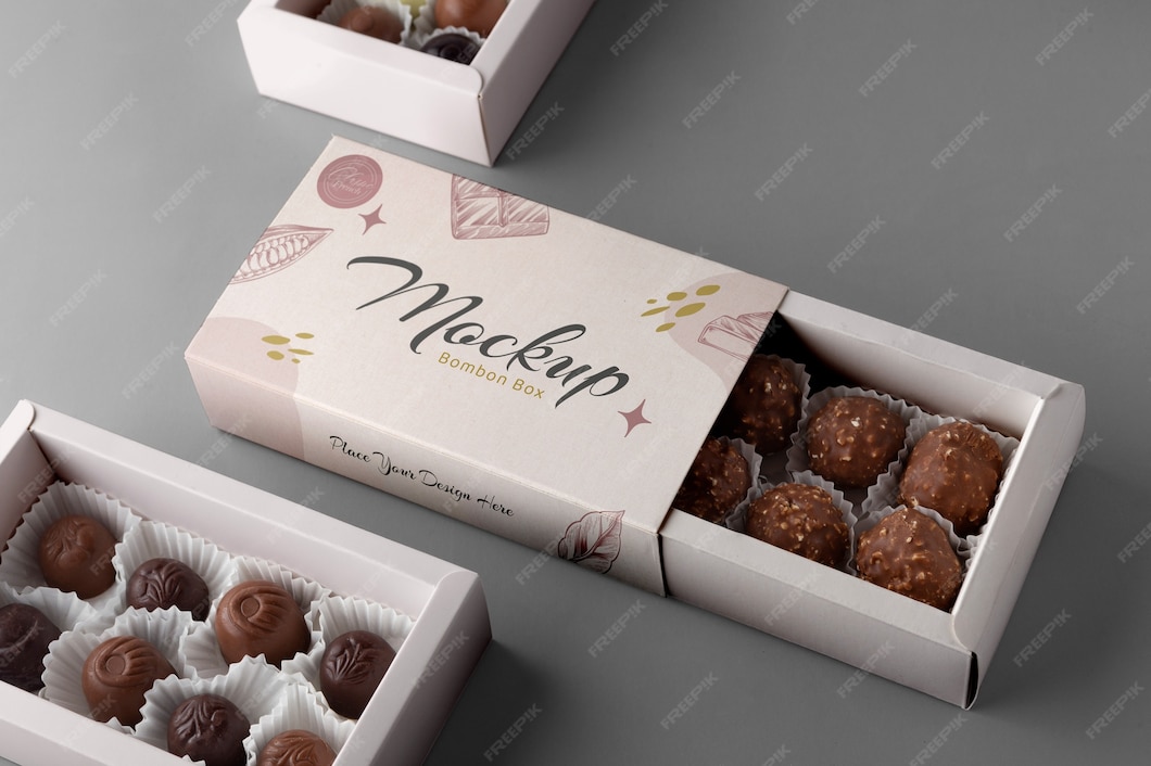 Premium PSD | View of cardboard candy box with grey background