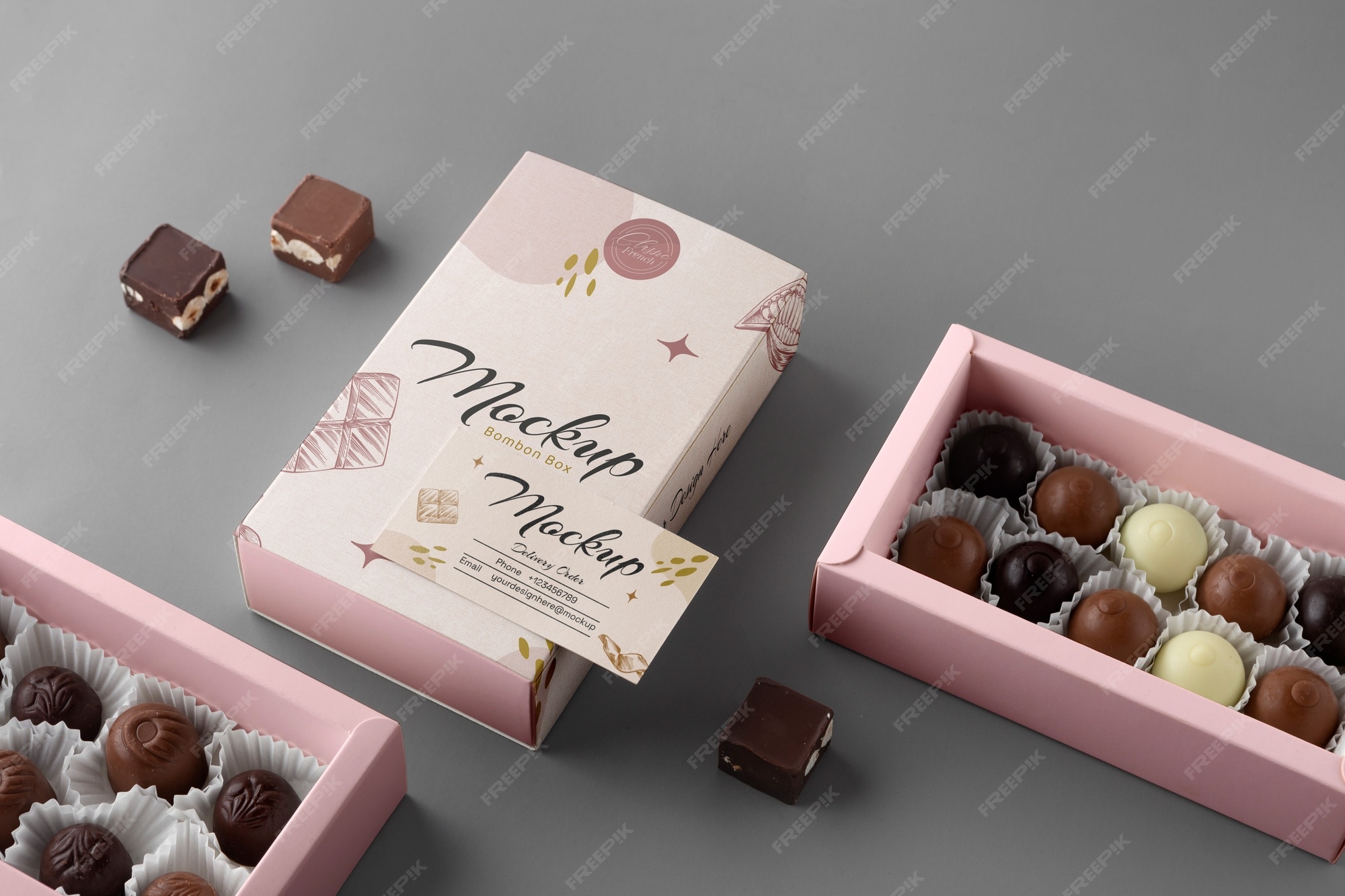 Premium PSD | View of cardboard candy box with grey background